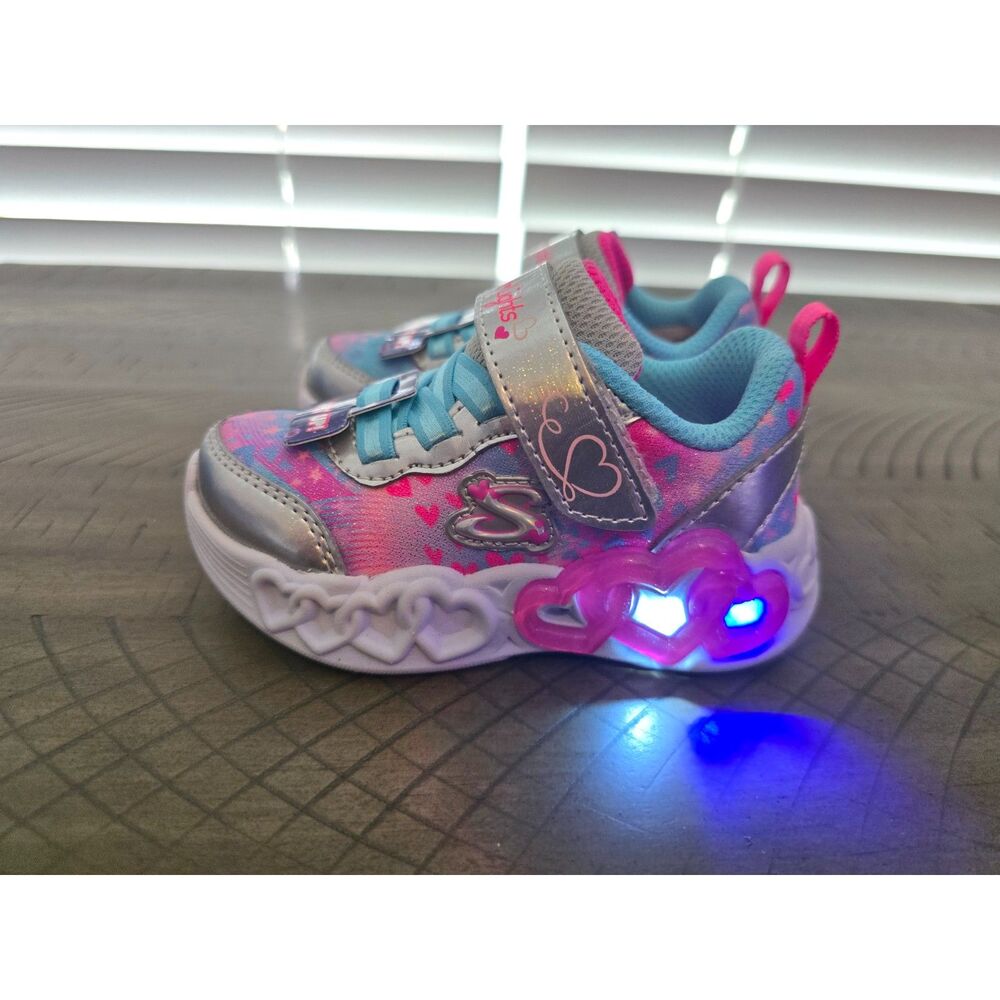 Skechers Infinite Heart Lights Heart Jewels Toddler Shoes Silver/Multi Size 5